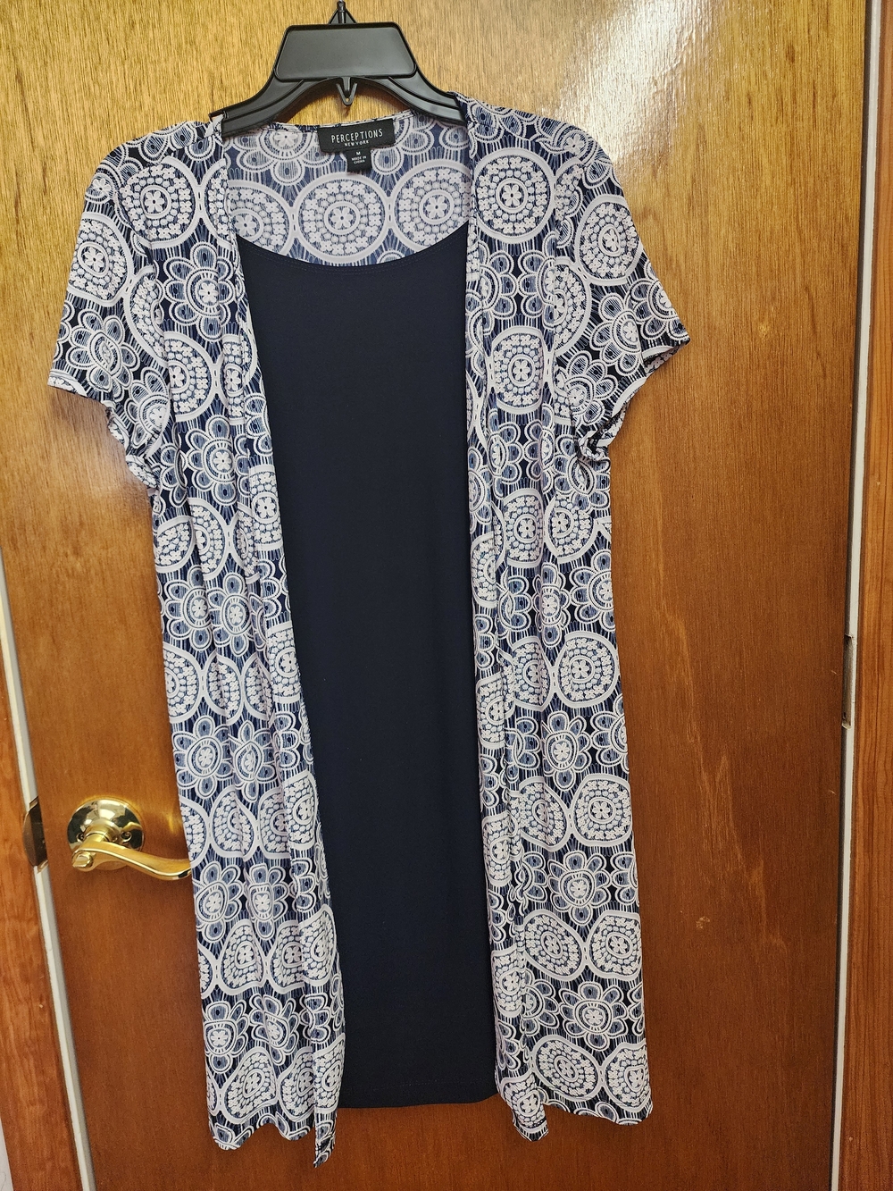 Perceptions Navy & White Printed Open Cardigan Duster
